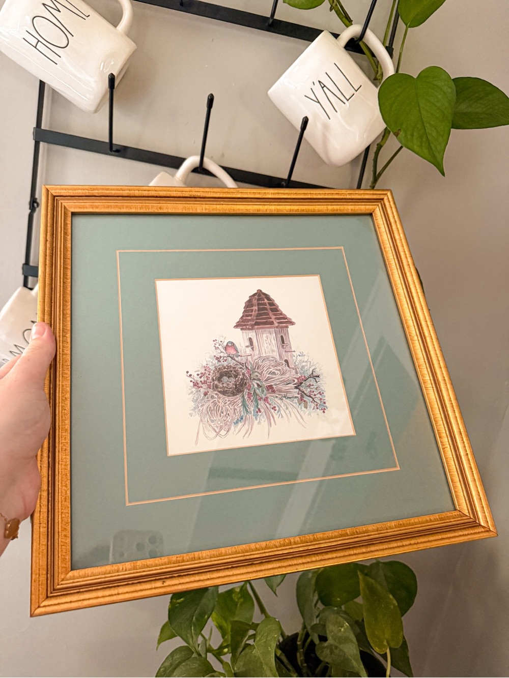 Large Square Gold Framed Glass Bird Picture With Bird Feeder & Nest